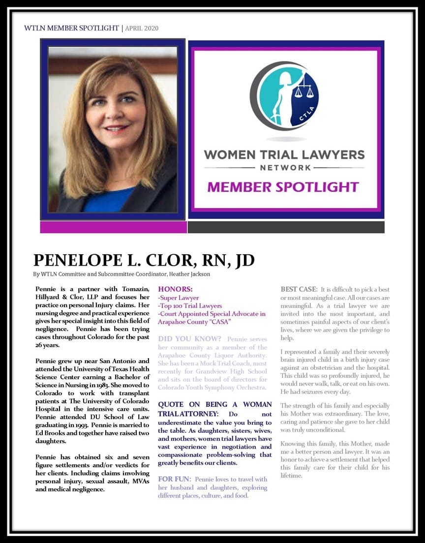 WTLN Member Spotlight - Penelope L. Clor, RN, JD